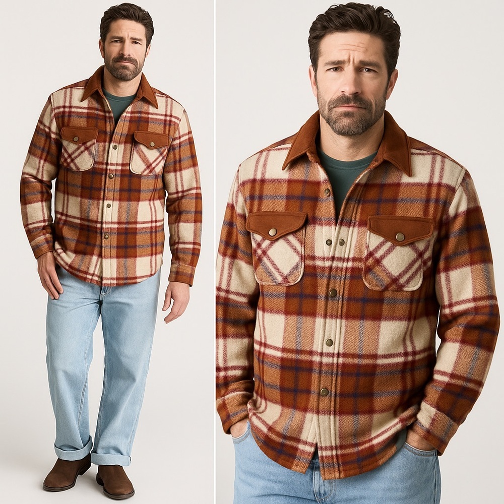 Vintage Woolrich Men's Tan and Cream Checkered Plaid Shirt Jacket XL